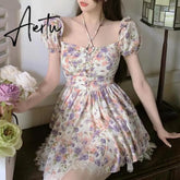 Aiertu Kawaii Summer Dress Puff Sleeve French Vintage Women Casual Bandage Mini Elegant Floral Party Korean Style Fairycore Dress Aiertu