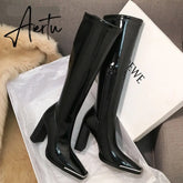Aiertu Kendall style Women motorcyle boots Fashion Square toe Knee high boots Autumn Winter Warm patent leather High heels boots shoes Aiertu
