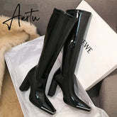 Aiertu Kendall style Women motorcyle boots Fashion Square toe Knee high boots Autumn Winter Warm patent leather High heels boots shoes Aiertu