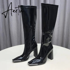Aiertu Kendall style Women motorcyle boots Fashion Square toe Knee high boots Autumn Winter Warm patent leather High heels boots shoes Aiertu