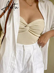 Aiertu Knit Tube Tops Women White Strapless Corset Tops Summer Basic Backless Off Shoulder Crop Top Bustier Casual Streetwear Aiertu