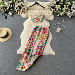 Aiertu Knitted Beach Two Pieces Suits Women Strap Mini Camis+Elastic Waist Long Pants Set Streetwear Hollow Out Casual Sets Aiertu