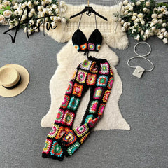 Aiertu Knitted Beach Two Pieces Suits Women Strap Mini Camis+Elastic Waist Long Pants Set Streetwear Hollow Out Casual Sets Aiertu
