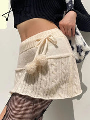 Aiertu Knitted Low Waist Y2K Short Skirt Preppy Style Cute Girl Streetwear Aesthetic Fairycore Drawstring Womens Skirts Aiertu