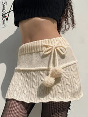 Aiertu Knitted Low Waist Y2K Short Skirt Preppy Style Cute Girl Streetwear Aesthetic Fairycore Drawstring Womens Skirts Aiertu