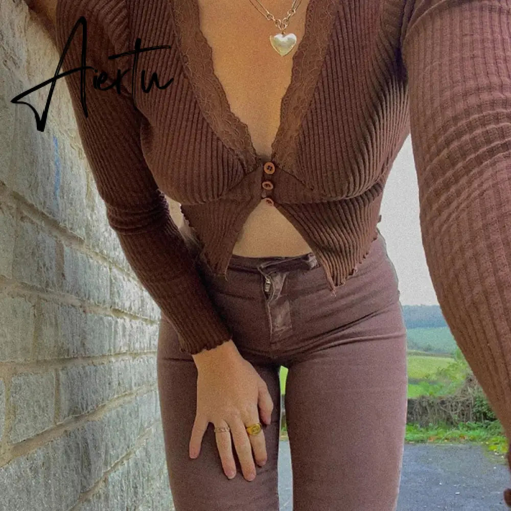 Aiertu Knitted Ribbed Y2K Crop Top Lace Patched Women's Shirt Long Sleeve Knitwear Button Up Sexy Deep V-Neck Party E Girl Tee Aiertu