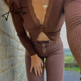 Aiertu Knitted Ribbed Y2K Crop Top Lace Patched Women's Shirt Long Sleeve Knitwear Button Up Sexy Deep V-Neck Party E Girl Tee Aiertu