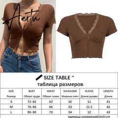 Aiertu Knitted Ribbed Y2K Crop Top Lace Patched Women's Shirt Long Sleeve Knitwear Button Up Sexy Deep V-Neck Party E Girl Tee Aiertu