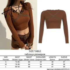 Aiertu Knitted Ribbed Y2K Crop Top Lace Patched Women's Shirt Long Sleeve Knitwear Button Up Sexy Deep V-Neck Party E Girl Tee Aiertu