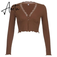 Aiertu Knitted Ribbed Y2K Crop Top Lace Patched Women's Shirt Long Sleeve Knitwear Button Up Sexy Deep V-Neck Party E Girl Tee Aiertu