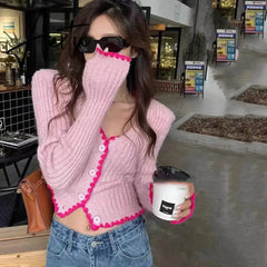 Aiertu Korea Dongdaemun French Sweater Tops Women V-neck Slim Short Knitted Cardigan Sweet Ladies Long Sleeve Sweaters Jacket For Women Aiertu