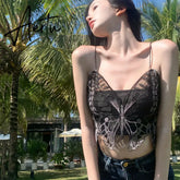Aiertu Korean Black Y2k Crop Top Lace Butterfly Embroidery Camis Gothic Style Fairy Grunge Tank Tops New Fashion Summer Streetwear Aiertu