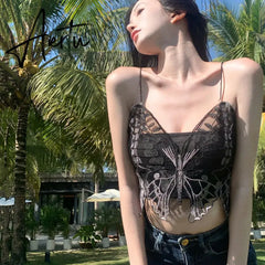Aiertu Korean Black Y2k Crop Top Lace Butterfly Embroidery Camis Gothic Style Fairy Grunge Tank Tops New Fashion Summer Streetwear Aiertu