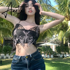 Aiertu Korean Black Y2k Crop Top Lace Butterfly Embroidery Camis Gothic Style Fairy Grunge Tank Tops New Fashion Summer Streetwear Aiertu