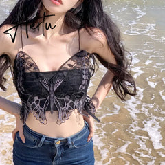 Aiertu Korean Black Y2k Crop Top Lace Butterfly Embroidery Camis Gothic Style Fairy Grunge Tank Tops New Fashion Summer Streetwear Aiertu
