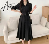 Aiertu Korean Chic French Simple Basic Women Dress Casual Loose Solid Color Slim Woman Dress Black Lady Sweet Elegant Dresses Aiertu