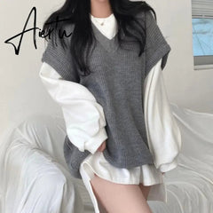 Aiertu Korean Fashion Casual Two Piece Set Women Elegant Loose Sweatshirt Tops + Knitted Vest Vintage Ensemble Femme 2 Piece Outfits Aiertu
