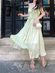 Aiertu Korean Fashion Green Cute Strap Dress Women Sweet Elegant Party Midi Dress Female Chiffon France Boho Beach Dress Summer Aiertu