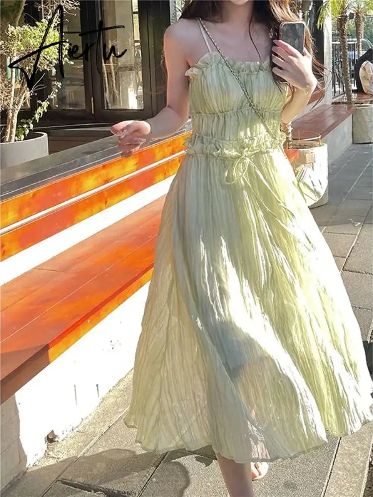 Aiertu Korean Fashion Green Cute Strap Dress Women Sweet Elegant Party Midi Dress Female Chiffon France Boho Beach Dress Summer Aiertu