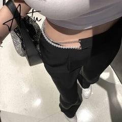 Aiertu Korean Gothic White Suit Pants Removable Faux Pearl Rhinestone Chain High Waist Straight Leg Pants Harajuku Women Y2k Trousers Aiertu