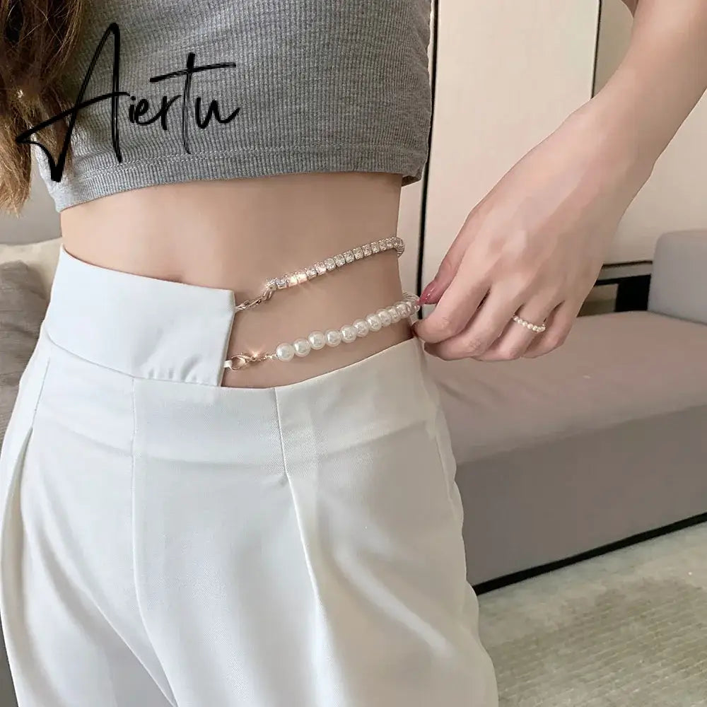 Aiertu Korean Gothic White Suit Pants Removable Faux Pearl Rhinestone Chain High Waist Straight Leg Pants Harajuku Women Y2k Trousers Aiertu