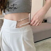 Aiertu Korean Gothic White Suit Pants Removable Faux Pearl Rhinestone Chain High Waist Straight Leg Pants Harajuku Women Y2k Trousers Aiertu
