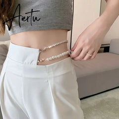 Aiertu Korean Gothic White Suit Pants Removable Faux Pearl Rhinestone Chain High Waist Straight Leg Pants Harajuku Women Y2k Trousers Aiertu