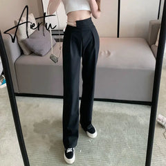 Aiertu Korean Gothic White Suit Pants Removable Faux Pearl Rhinestone Chain High Waist Straight Leg Pants Harajuku Women Y2k Trousers Aiertu