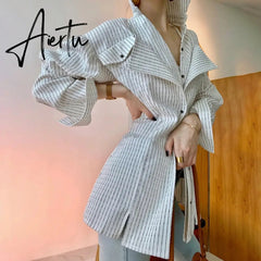 Aiertu Korean Patchwork Ruffle Shirt For Women Lapel Long Sleeve Striped Casual Fake Two Shirts Female Fashion New Clothes Aiertu