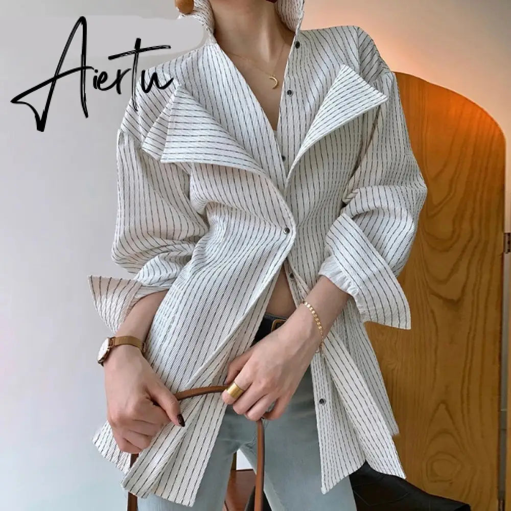 Aiertu Korean Patchwork Ruffle Shirt For Women Lapel Long Sleeve Striped Casual Fake Two Shirts Female Fashion New Clothes Aiertu