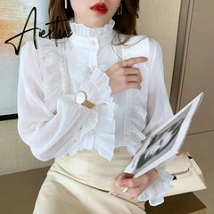 Aiertu Korean Ruffle Lace Chiffon Shirt Elegant Sweet Chic Long Puff Sleeve Women Blouse Apricot Tops Stand Collar Clothes Blusas 13433 Aiertu