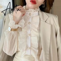 Aiertu Korean Ruffle Lace Chiffon Shirt Elegant Sweet Chic Long Puff Sleeve Women Blouse Apricot Tops Stand Collar Clothes Blusas 13433 Aiertu