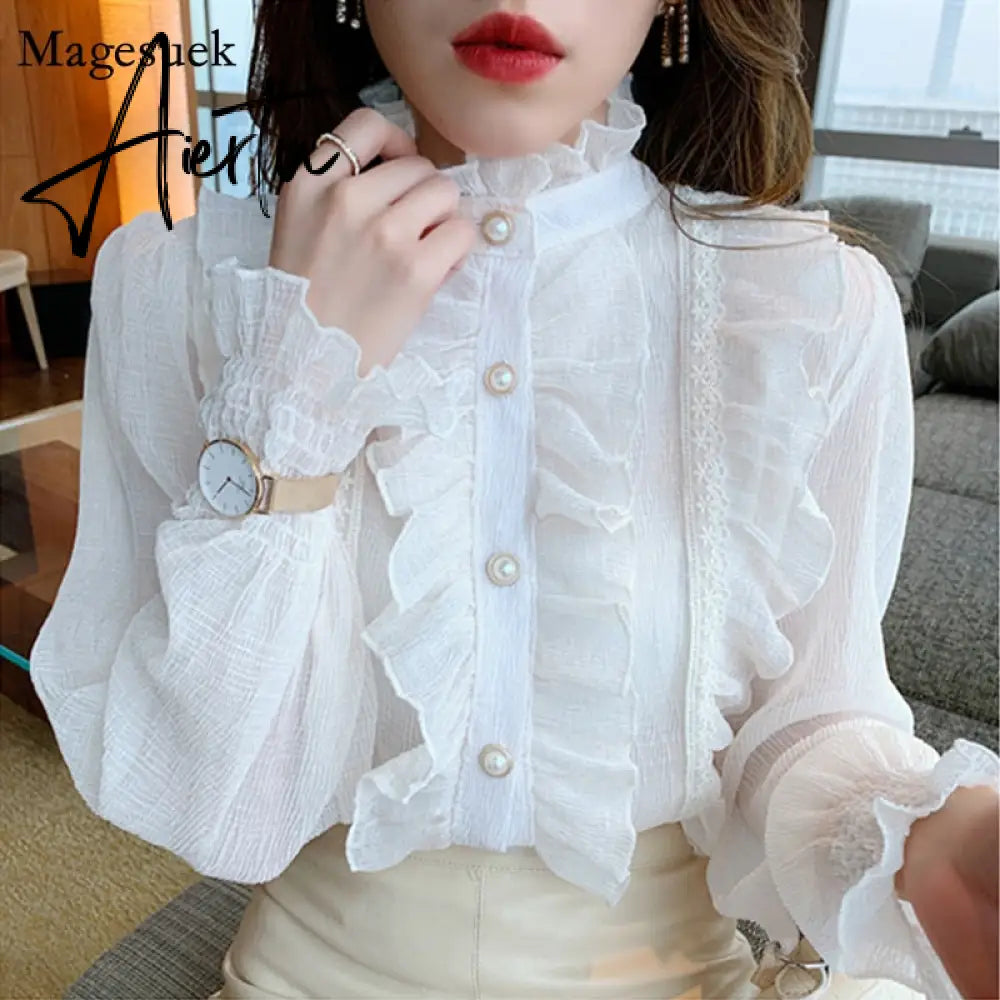 Aiertu Korean Ruffle Lace Chiffon Shirt Elegant Sweet Chic Long Puff Sleeve Women Blouse Apricot Tops Stand Collar Clothes Blusas 13433 Aiertu