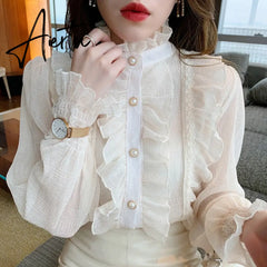 Aiertu Korean Ruffle Lace Chiffon Shirt Elegant Sweet Chic Long Puff Sleeve Women Blouse Apricot Tops Stand Collar Clothes Blusas 13433 Aiertu