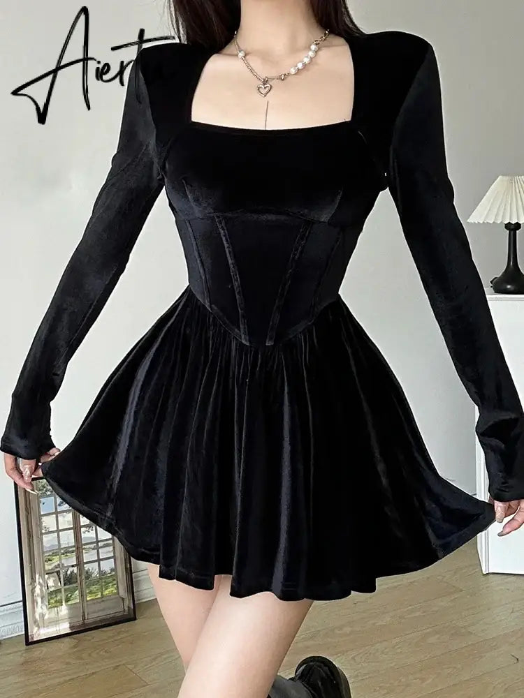 Aiertu Korean Style Elegant Fashion Velvet Dress Basic Solid Square Collar Long Sleeve Mini Dresses For Women Autumn Lady Aiertu