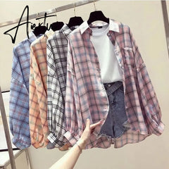 Aiertu Korean Style Plaid Classic Loose Shirts Blouse Women Daily All-match Cute Student Women Clothing Fashion Vintage Shirt Aiertu