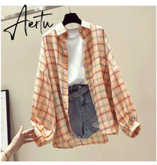 Aiertu Korean Style Plaid Classic Loose Shirts Blouse Women Daily All-match Cute Student Women Clothing Fashion Vintage Shirt Aiertu