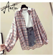 Aiertu Korean Style Plaid Classic Loose Shirts Blouse Women Daily All-match Cute Student Women Clothing Fashion Vintage Shirt Aiertu