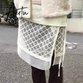Aiertu Korean Style Tulle Short Skirt Women White Vintage Lace Up Skirts Elegant Sweet Retro Patchwork Streetwear Casual Skirt Aiertu