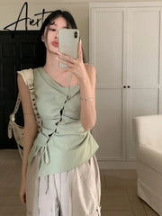 Aiertu Korean Trendy Solid Bandage Off Shoulder Tanks Hollow Out Y2k Aesthetic Irregular Tank Tops Elegant Fashion Sweet Women Camisole Aiertu