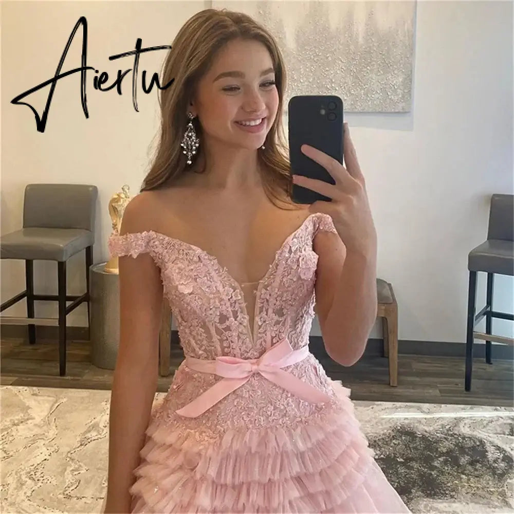 Aiertu Lace Appliques A-line Formal Occasion Evening Off Shoulder Floor-Length fiesta Sexy Sleeveless Prom Dresses Aiertu
