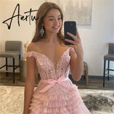 Aiertu Lace Appliques A-line Formal Occasion Evening Off Shoulder Floor-Length fiesta Sexy Sleeveless Prom Dresses Aiertu