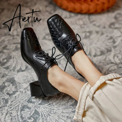 Aiertu Lace-Up High Heels Thick Pumps Women Square Toe Pumps Cow Leather Shoes Female Fashion Officce Shoes Women Spring New Aiertu