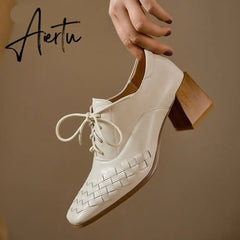 Aiertu Lace-Up High Heels Thick Pumps Women Square Toe Pumps Cow Leather Shoes Female Fashion Officce Shoes Women Spring New Aiertu