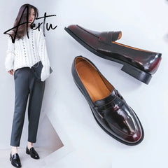 Aiertu ladies Leather shoes British style plus size 22-26.5cm women pumps loafers lazy shoes womens platform heels black shoes Aiertu