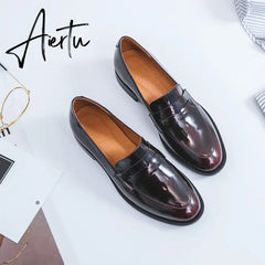 Aiertu ladies Leather shoes British style plus size 22-26.5cm women pumps loafers lazy shoes womens platform heels black shoes Aiertu