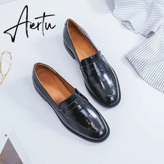Aiertu ladies Leather shoes British style plus size 22-26.5cm women pumps loafers lazy shoes womens platform heels black shoes Aiertu