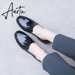 Aiertu ladies Leather shoes British style plus size 22-26.5cm women pumps loafers lazy shoes womens platform heels black shoes Aiertu