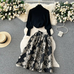 Aiertu Ladies Retro Sweater Suits Fashion Lantern Sleeve Loose Pullovers+ A Line Long Skirts Print Knitted Two Pieces Sets Aiertu