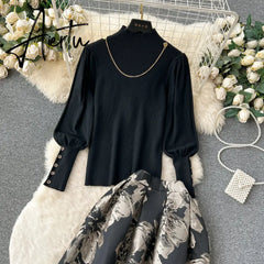 Aiertu Ladies Retro Sweater Suits Fashion Lantern Sleeve Loose Pullovers+ A Line Long Skirts Print Knitted Two Pieces Sets Aiertu